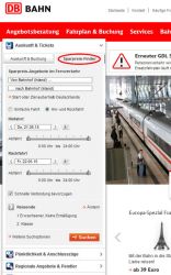 Форма поиска дешевого билета на странице Deutsche Bahn
